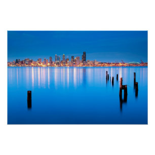 Blue hour view of downtown Seattle Poster