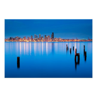 Blue hour view of downtown Seattle Poster