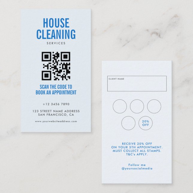 Blue House Cleaning Services QR Code Loyalty & Business Card (Front/Back)