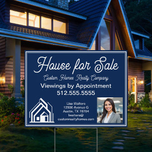 Blue House for Sale Real Estate Agent Logo Yard Garden Sign