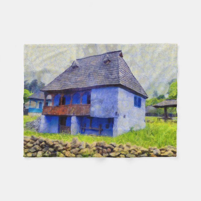 Blue house painting fleece blanket (Front (Horizontal))