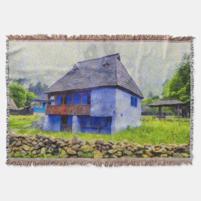 Blue house painting throw blanket (Front)