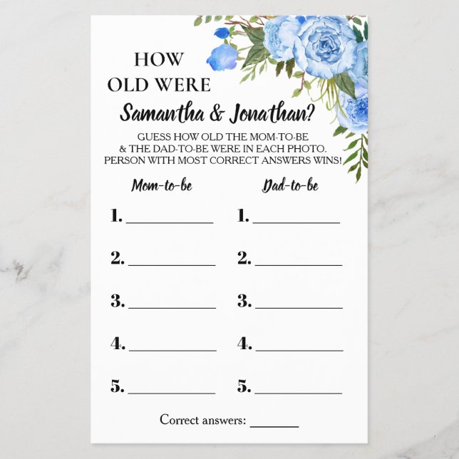 Blue How old were They shower bilingual game card (Front)