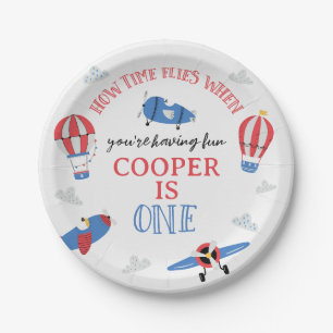Blue How Time Flies Plane 1st Birthday Paper Plate