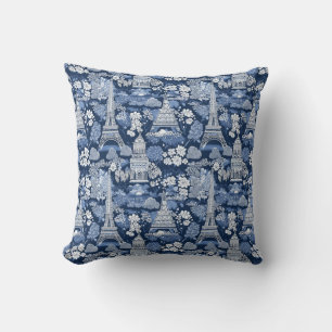 Blue-hued Intricate Parisian Eiffel Tower Toile Cushion