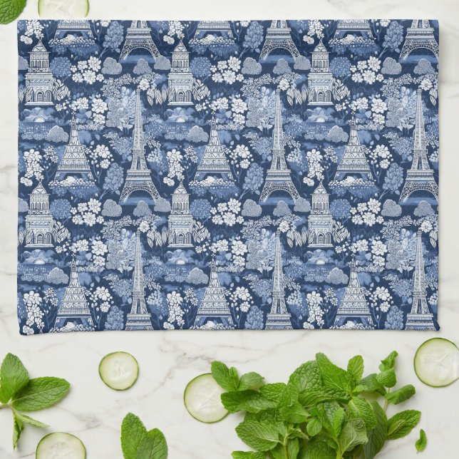 Blue-hued Intricate Parisian Eiffel Tower Toile Tea Towel (Folded)