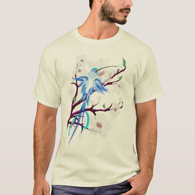 Blue Hummingbird and Cherry Blossoms T-Shirt (Front)