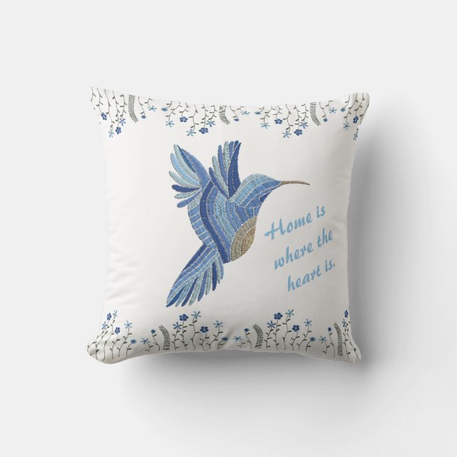 "Blue Hummingbird Embroidered housewarming gift Cushion (Front)
