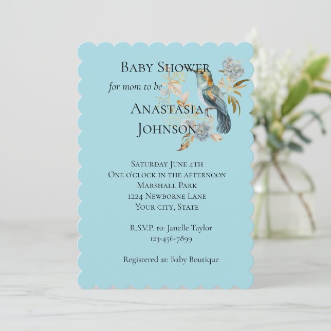Blue Hummingbird Hydrangea Flowers Baby Shower Invitation (Standing Front)