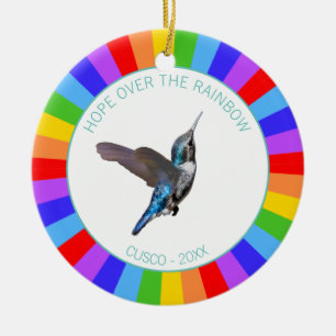Blue Hummingbird on Rainbow Colours Ceramic Ornament