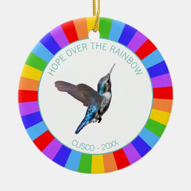 Blue Hummingbird on Rainbow Colours Ceramic Ornament (Front)