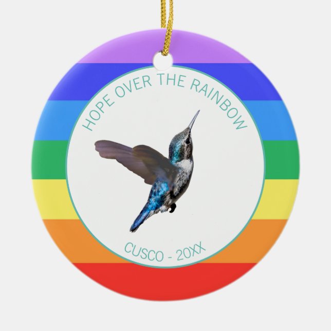 Blue Hummingbird on Rainbow Colours Ceramic Ornament (Front)
