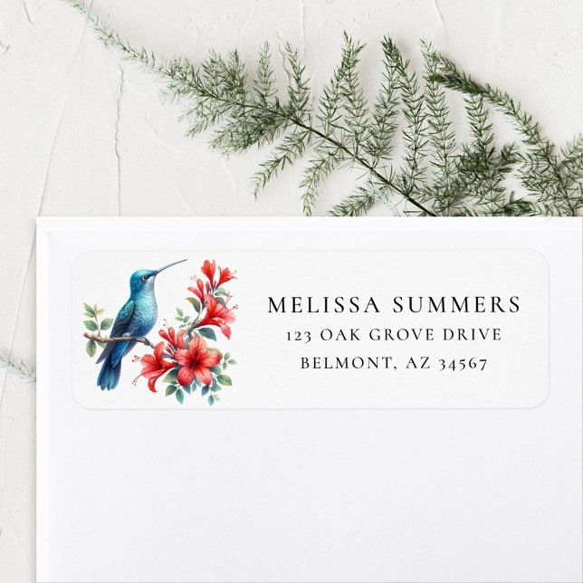 Blue Hummingbird Red Flowers Return Address Label (Creator Uploaded)