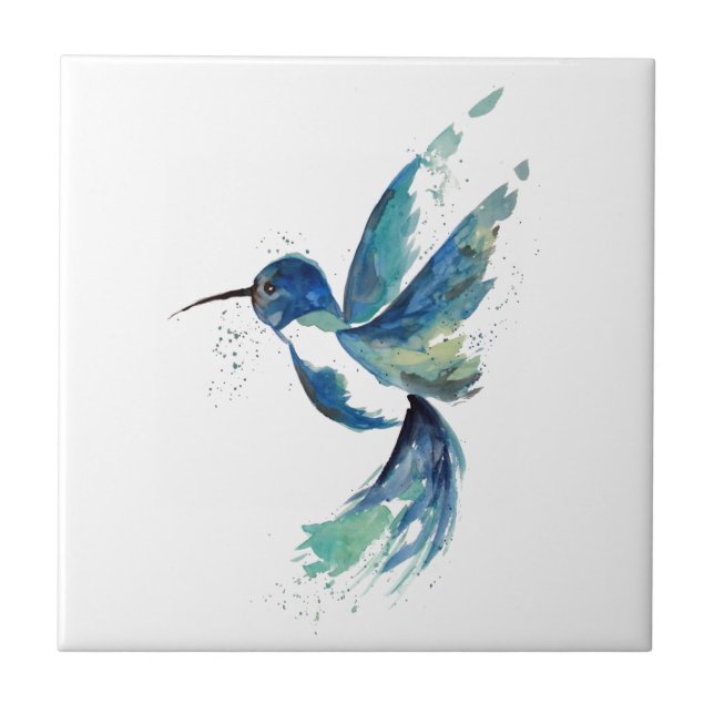 Blue Hummingbird Watercolor Ceramic Tile (Front)