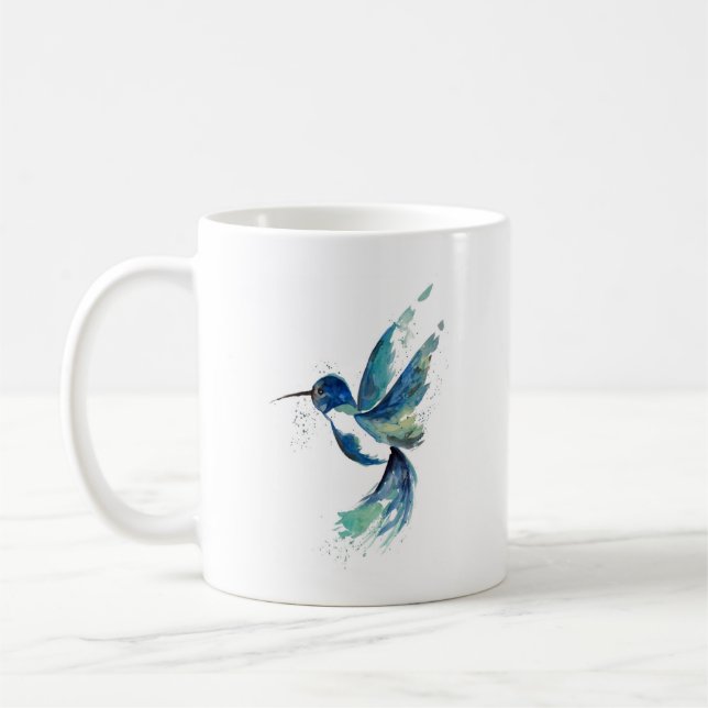 Blue Hummingbird Watercolor Coffee Mug (Left)