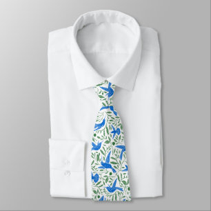 Blue hummingbirds with green flowers & leaves tie