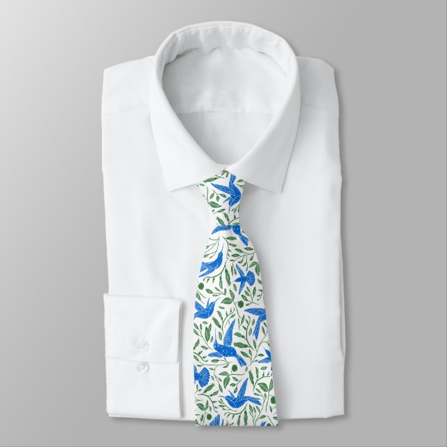 Blue hummingbirds with green flowers & leaves tie (Tied)
