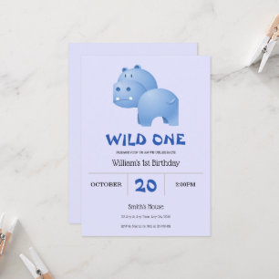 Blue Hungry Hippo 1st Birthday Invitation