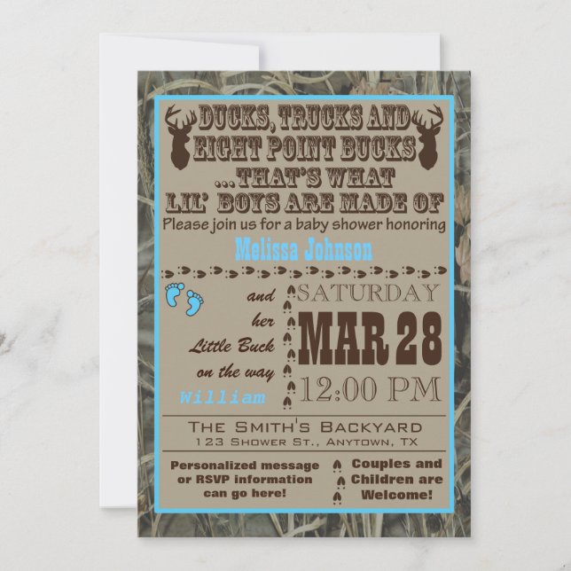 Blue Hunting Camo Baby Boy Shower Invitations (Front)