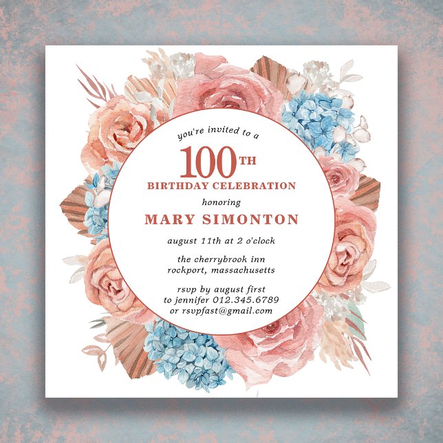 Blue Hydgrangea Pink Rose Floral 100th Birthday Invitation (Creator Uploaded)