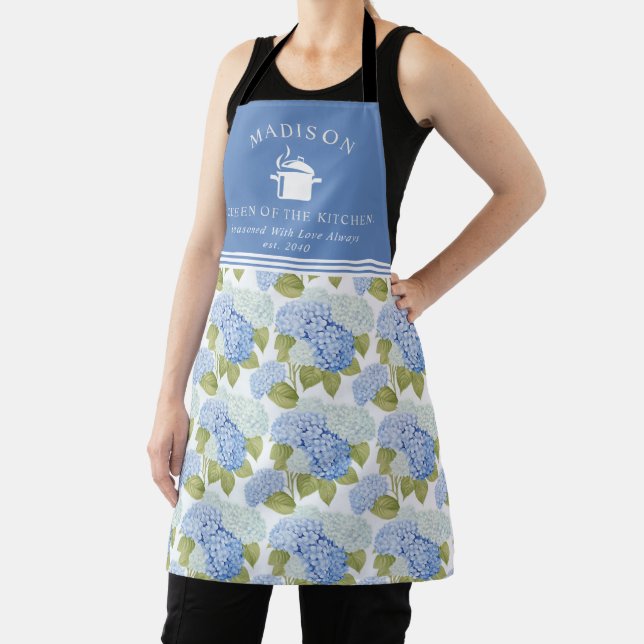 Blue Hydragea Flowers Pattern Queen of the Kitchen Apron (Insitu)