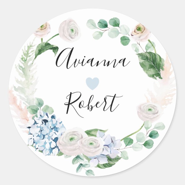 Blue Hydrange Blush Rose Wedding Sticker (Front)