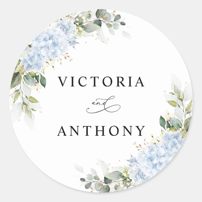 Blue Hydrange Floral Wedding Classic Round Sticker (Front)