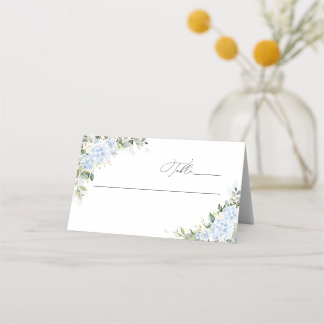 Blue Hydrange Floral Wedding Folded Place Cards (Front)