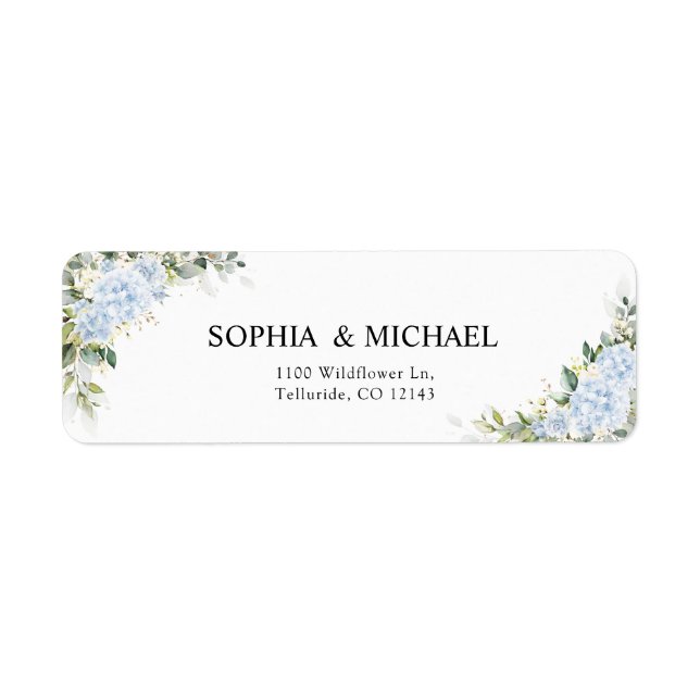 Blue Hydrange Floral Wedding Return Address Label (Front)