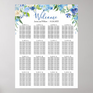 Blue Hydrangea 16 Tables Wedding SEATING CHART