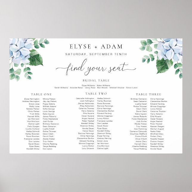 Blue Hydrangea 3 Banquet Seating Chart Foam Board (Front)