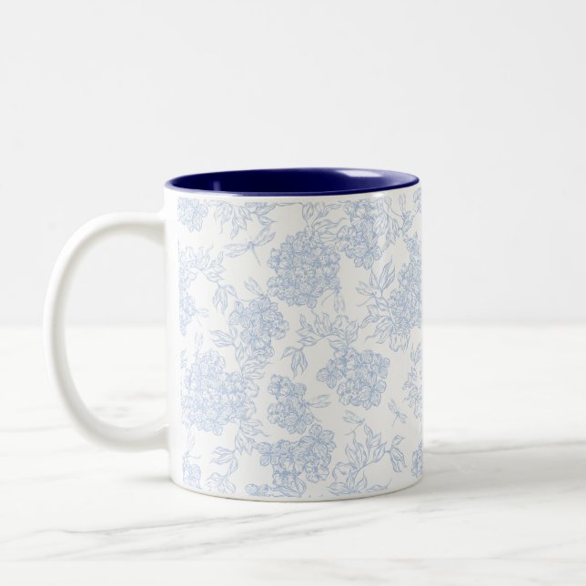 Blue Hydrangea and Dragonfly Pattern Two-Tone Coffee Mug (Left)
