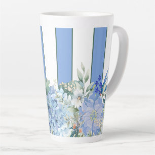 Blue Hydrangea and Floral Striped Latte Mug