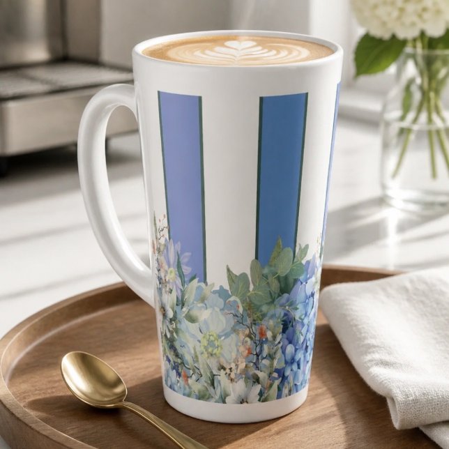 Blue Hydrangea and Floral Striped Latte Mug (Creator Uploaded)