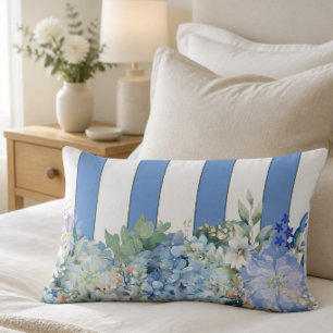 Blue Hydrangea and Floral Striped Lumbar Pillow