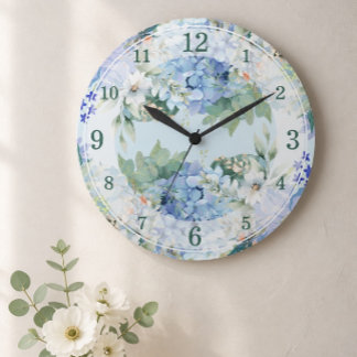 Blue Hydrangea and Floral Watercolor Wall Clock
