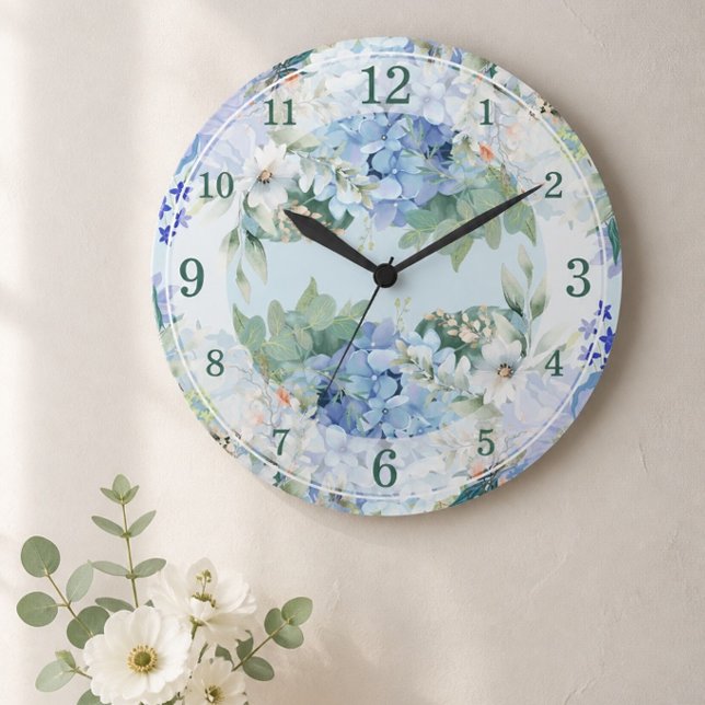 Blue Hydrangea and Floral Watercolor Wall Clock (Creator Uploaded)