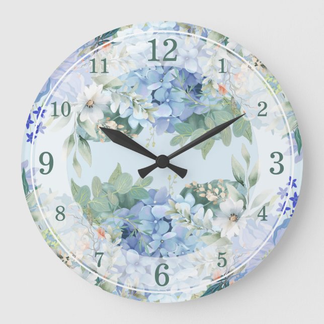 Blue Hydrangea and Floral Watercolor Wall Clock (Front)