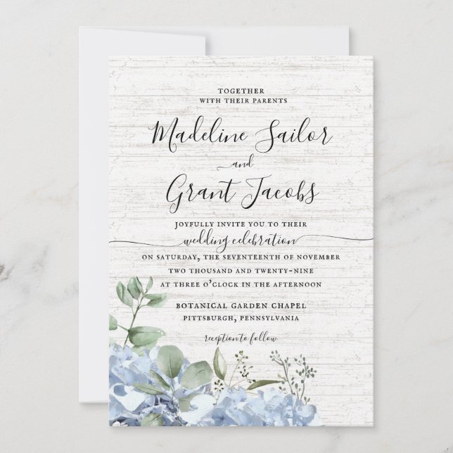 Blue Hydrangea and Greenery Barn Wood Wedding Invi Invitation (Front)