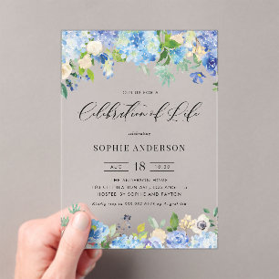 Blue Hydrangea and Ivory Rose Celebration of Life Acrylic Invitations