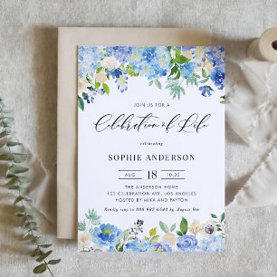 Blue Hydrangea and Ivory Rose Celebration of Life Invitation