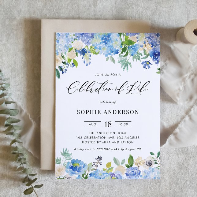 Blue Hydrangea and Ivory Rose Celebration of Life Invitation (Blue Hydrangea and Ivory Rose Watercolor Memorial Invitation with Greenery Accents)