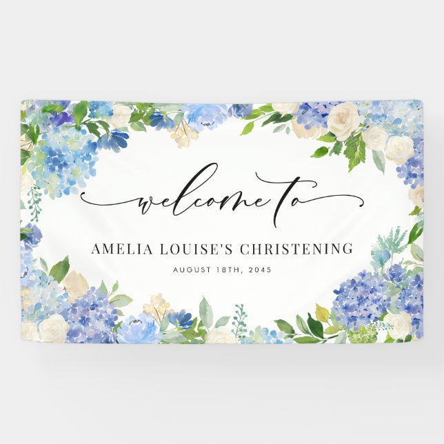 Blue Hydrangea and Ivory Rose Christening Banner (Horizontal)
