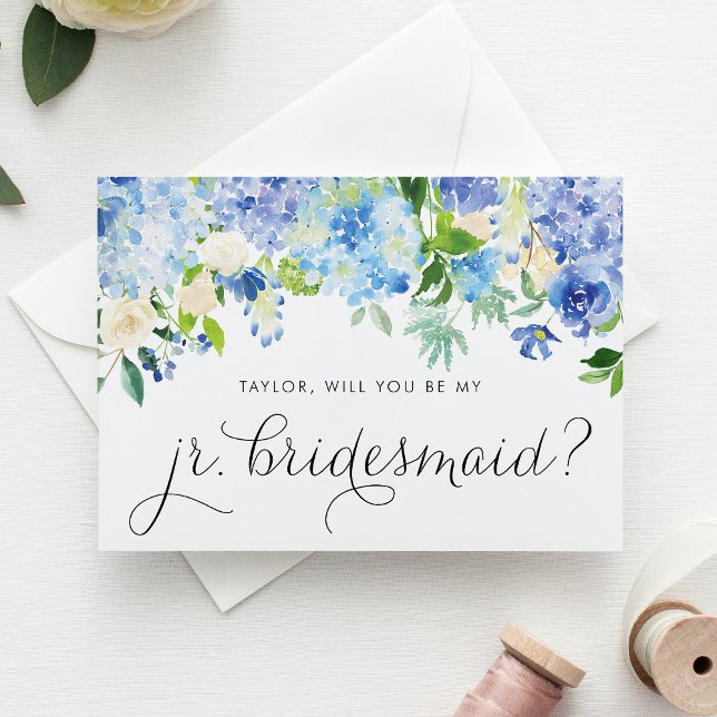 Blue Hydrangea and Ivory Rose Junior Bridesmaid Invitation Postcard (Blue hydrangea & white rose jr. bridesmaid card with greenery accents for romantic floral weddings.)