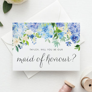Blue Hydrangea and Ivory Rose Maid of Honour Invitation Postcard