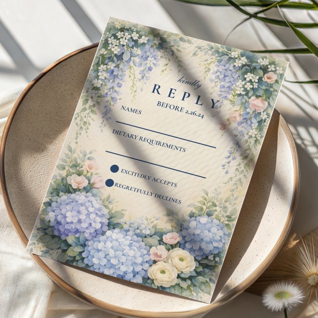 Blue Hydrangea And Ivory Rose Wedding RSVP Card (Creator Uploaded)