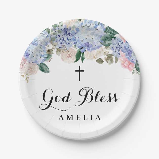 Blue Hydrangea and Ivory Roses God Bless Baptism Paper Plate (Front)