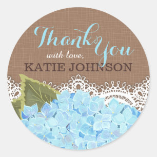 Blue Hydrangea and Lace Rustic Thank You Sticker