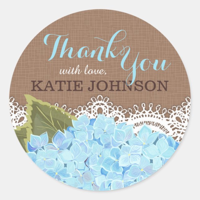 Blue Hydrangea and Lace Rustic Thank You Sticker (Front)