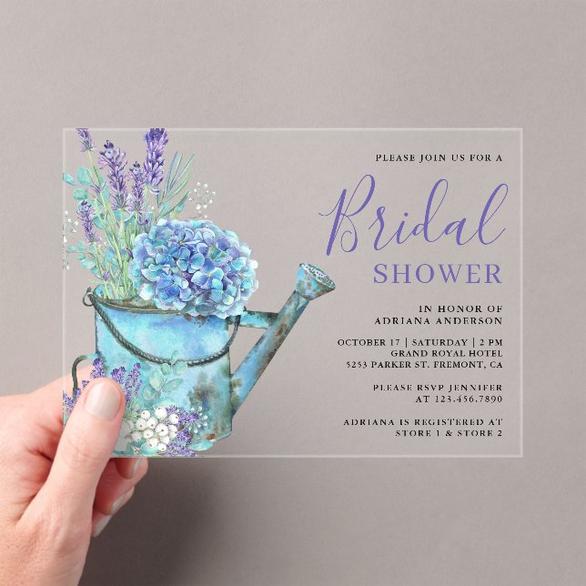 Blue Hydrangea and Lavender Floral Bridal Shower Acrylic Invitations (Insitu (Handheld))